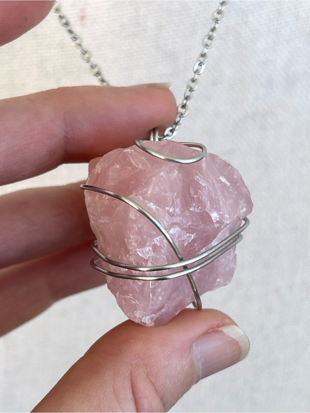 Raw Rose Quartz Pendant Necklace Silver Stainless Steel